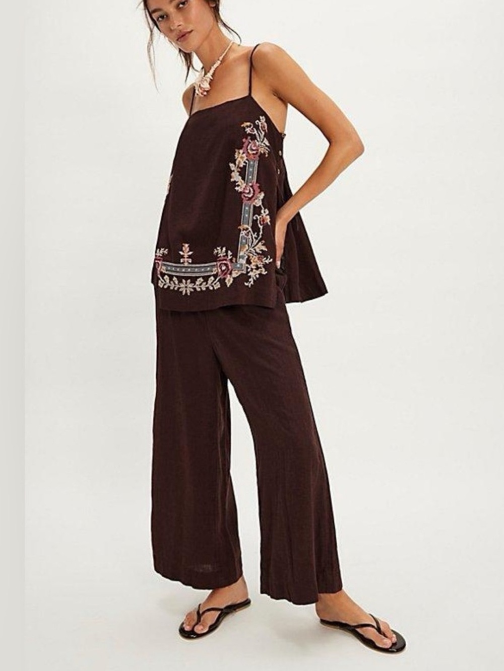 Free People sightseer embroidered linen set, large, espresso combo